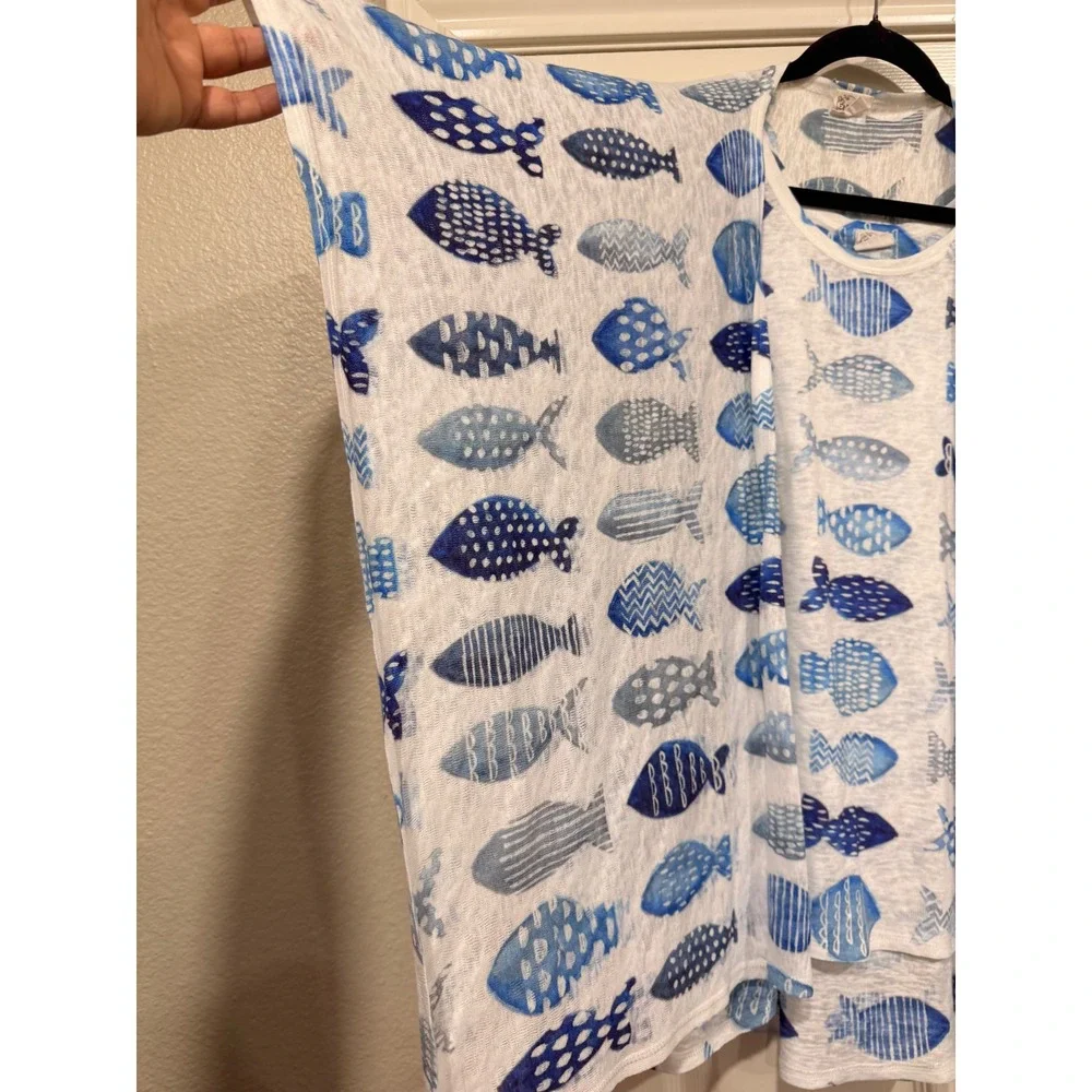 #B13 ET LOIS Tank Top and Kimono shawl Set Medium White Blue Fish Print 2pc